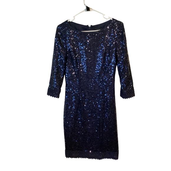 5045 Tahari ASL Womens Navy Blue Sequin Cocktail Party Dress 4 Lace 3/4 Sleeve - Picture 1 of 10